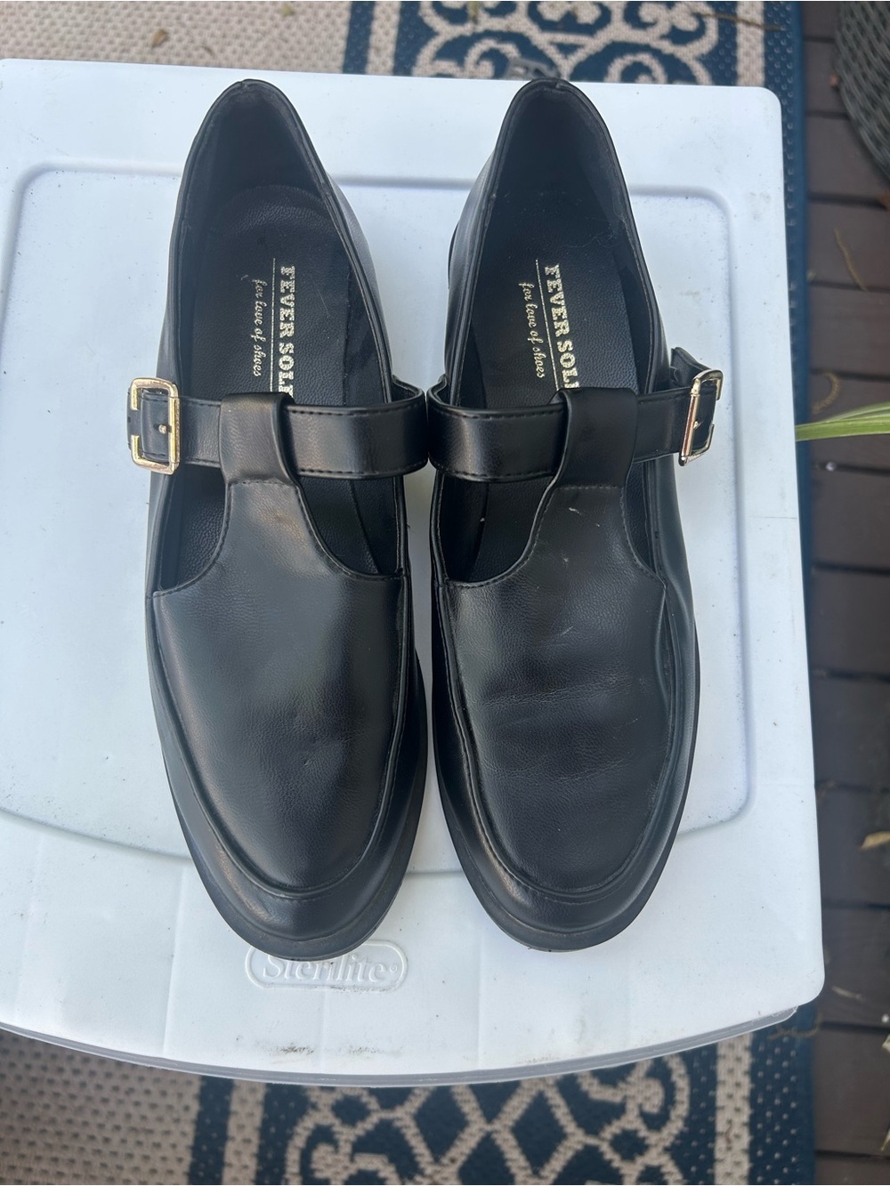 FEVERSOLE  Pointed Round Mary Jane Shoes T strap Loafers   Buckle Black 8.5